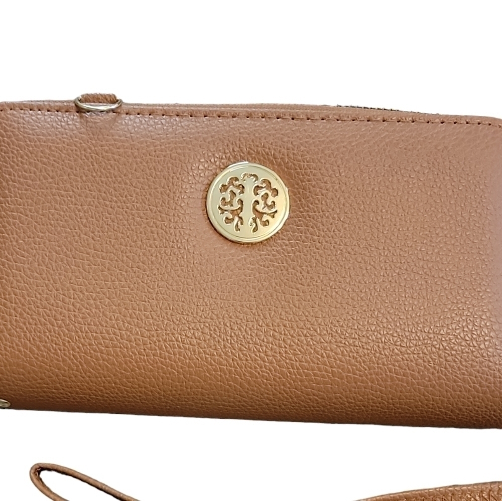 Women's brown Faux Leather Double Zip wallet clutch W/ crossbody strap NEW! - Picture 3 of 7